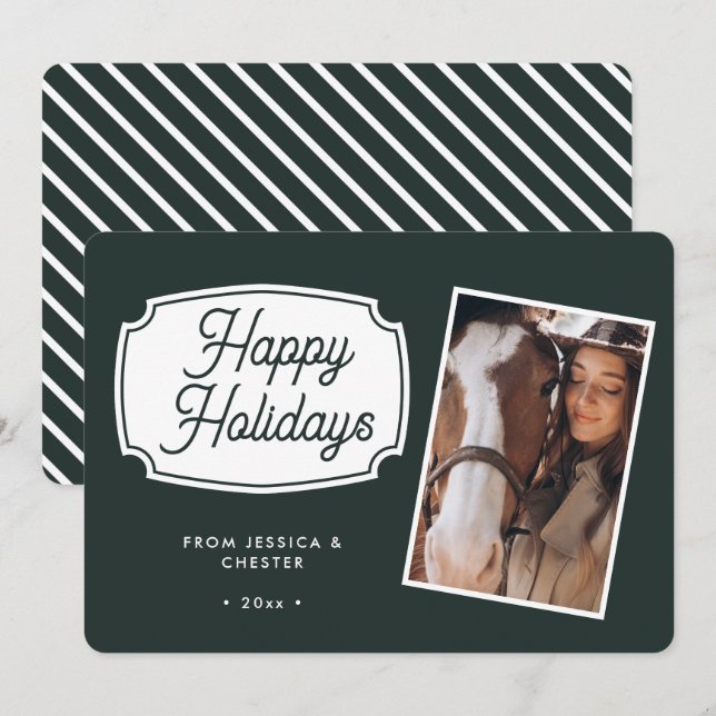 Modern Green Equestrian Horse Photo Christmas Card (Front/Back)