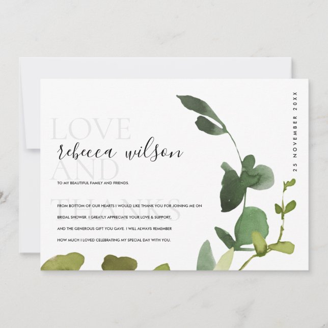 Modern Green Eucalyptus Foliage Bridal Shower Thank You Card (Front)