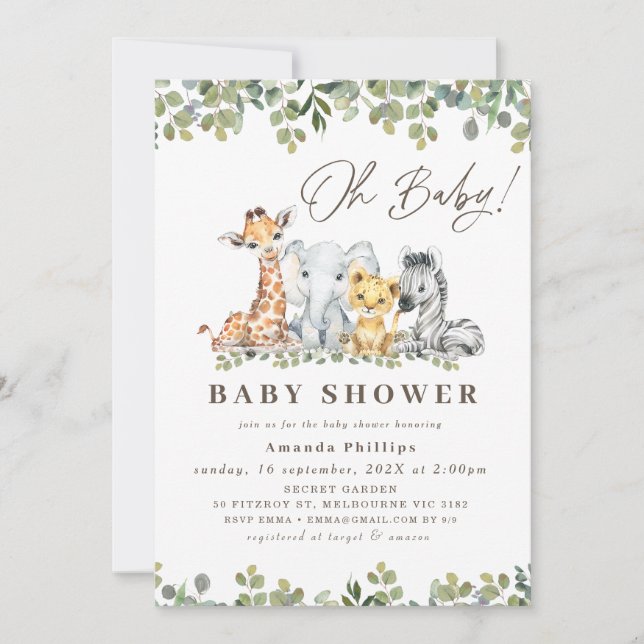Modern Green Eucalyptus Foliage Safari Baby Shower Invitation (Front)