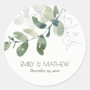 MODERN GREEN EUCALYPTUS FOLIAGE WATERCOLOR WEDDING CLASSIC ROUND STICKER