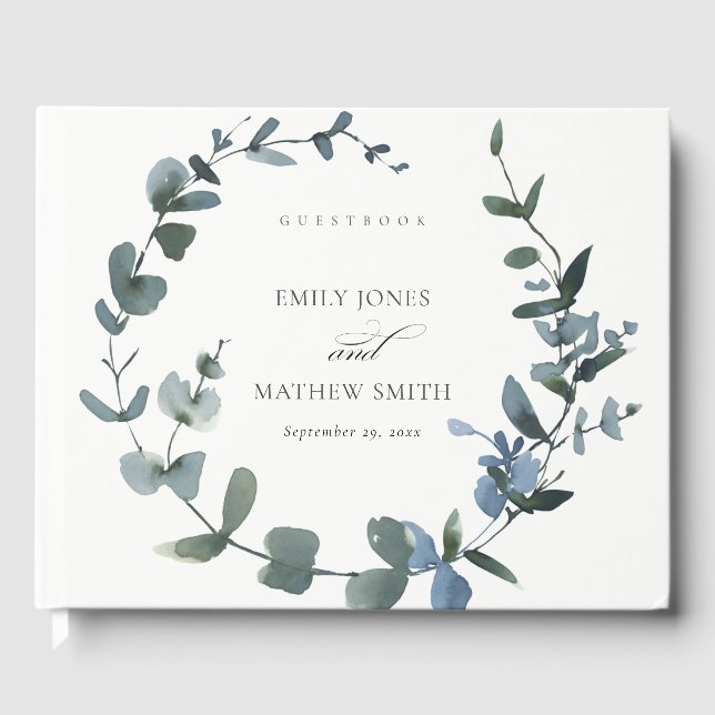 MODERN GREEN EUCALYPTUS FOLIAGE WATERCOLOR WEDDING GUEST BOOK (Front)