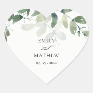 MODERN GREEN EUCALYPTUS FOLIAGE WATERCOLOR WEDDING HEART STICKER