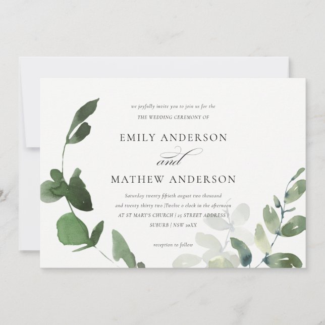 MODERN GREEN EUCALYPTUS FOLIAGE WATERCOLOR WEDDING INVITATION (Front)