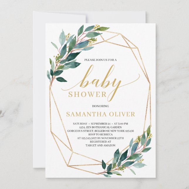 Modern Green eucalyptus gold geometric baby shower Invitation (Front)