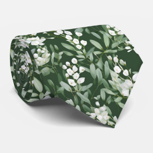 Modern Green Eucalyptus White Flower Pattern  Tie