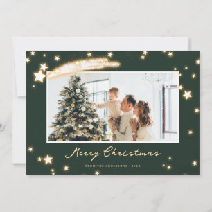 Modern Green Falling Star Photo Christmas Card