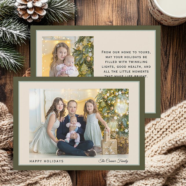 Modern Green Family Photo Happy Holidays Holiday Card (Modern olive green 2-photo Christmas holiday greeting card)