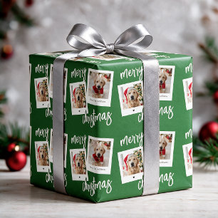 Modern Green Festive Merry Christmas 2 Dog Photo Wrapping Paper