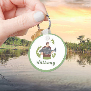 Modern Green Fisherman Illustration Fishing Name  Key Ring