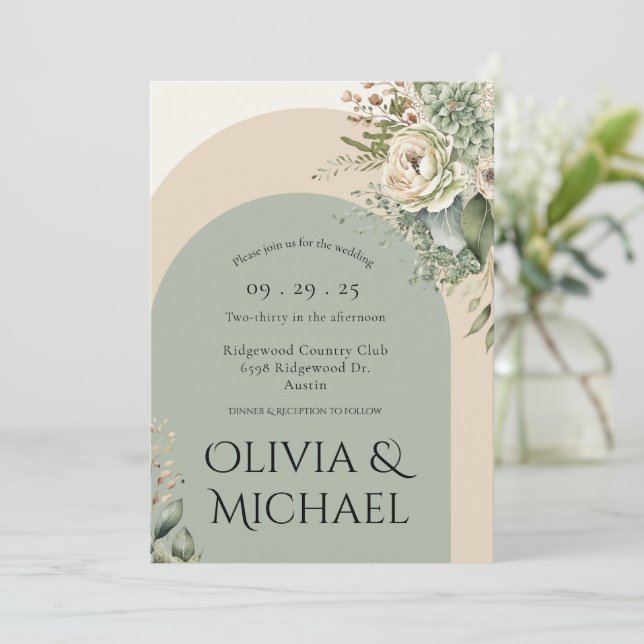 Modern Green Floral Abstract Simple Wedding  Invitation (Standing Front)