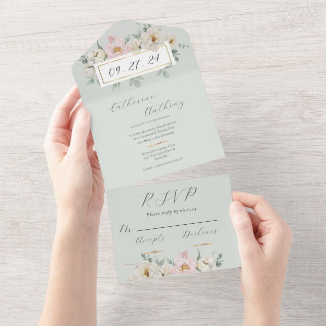 Modern Green Floral Gold Wedding All In One Invitation (Tearaway)