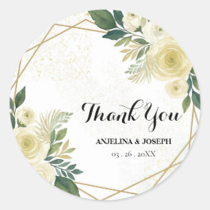 Modern  Green Floral gold Wedding Favor Thank You  Classic Round Sticker