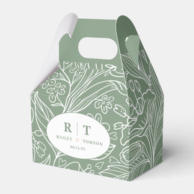 Modern Green Floral Monogram Thank You Wedding  Favour Box (Front Side)