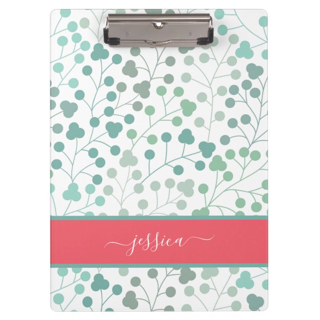Modern green floral pattern script name  clipboard (Front)