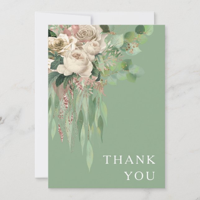 Modern Green Floral Peonies Wedding Thank You Card (Front)