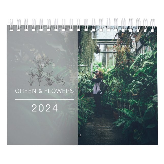 Modern Green & Flowers Family Photos Collage 2024 Calendar (Cover)