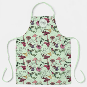 Modern Green Flowers, Foliage & Hummingbird Name Apron