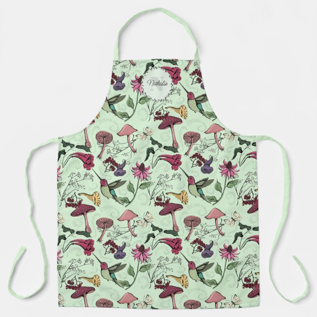 Modern Green Flowers, Foliage & Hummingbird Name Apron (Front)
