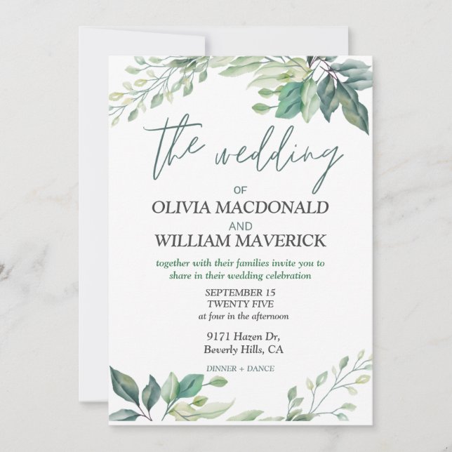 Modern Green flowers Simple Wedding Invitation (Front)
