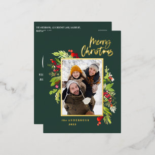 Modern green foliage elegant photo Christmas Foil Holiday Postcard