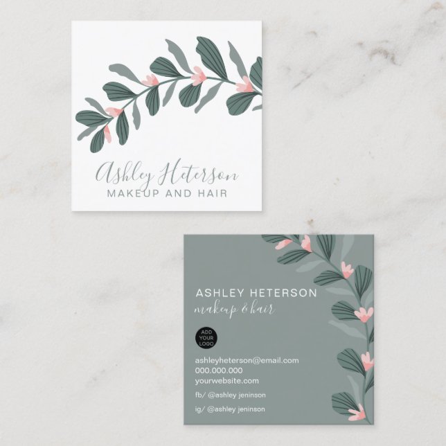 modern green foliage makeup hair logo square business card (Front/Back)