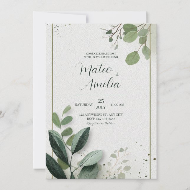 Modern Green Foliage Minimalist Nature Wedding Invitation (Front)