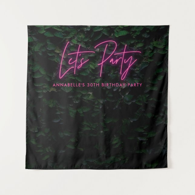 Modern green foliage pink girl neon Lets party Tapestry (Front)