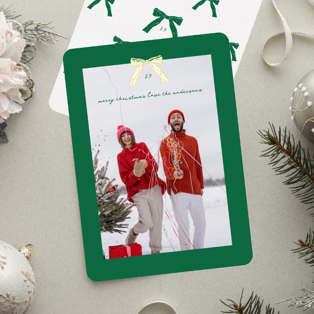 Modern Green Frame Christmas Gold Bow Photo Foil Holiday Card (Creator Uploaded)