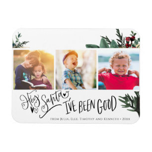 Modern Green Fun Script Hey Santa Pine Bough Photo Magnet