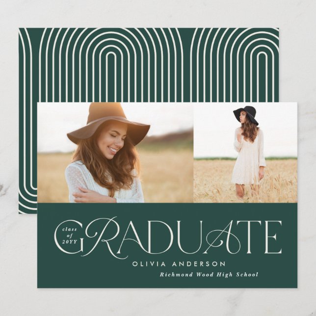 Modern green geometric 2 photo arch graduation announcement (Front/Back)