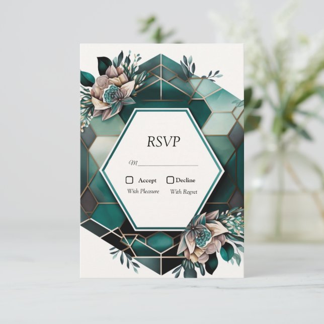 Modern Green Geometric Design Wedding RSVP Card (Standing Front)