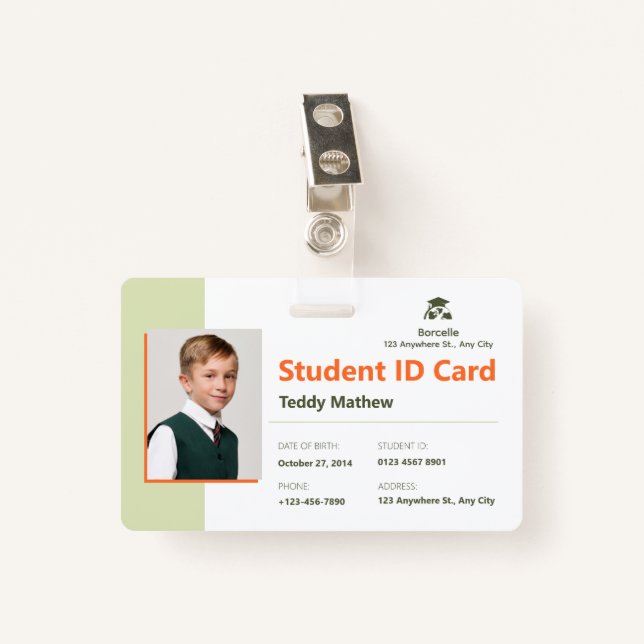 Modern Green Geometric Student ID Card ID Badge (Front with Clip)