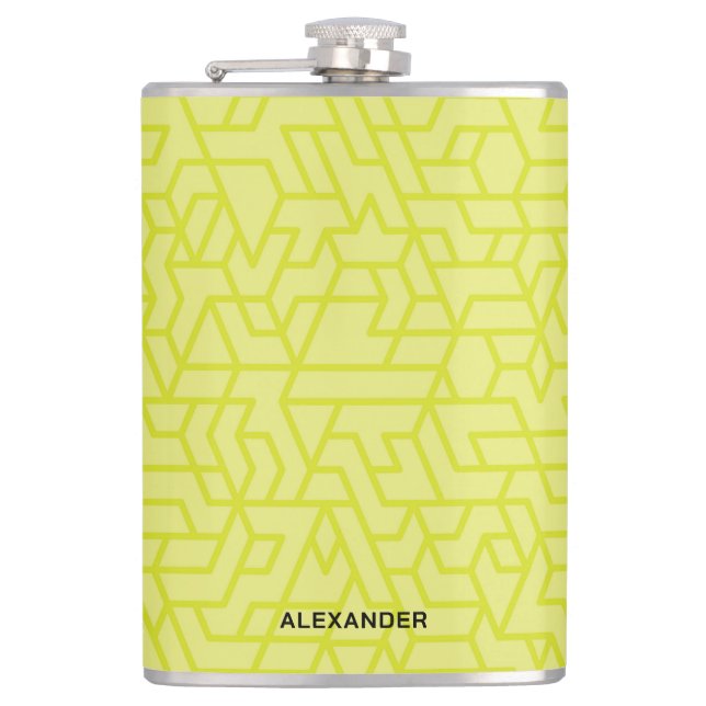 Modern Green Geometric With Name Hip Flask (Front)