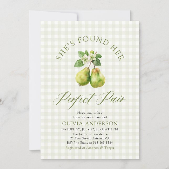 Modern Green Gingham Perfect Pair Bridal Shower Invitation (Front)