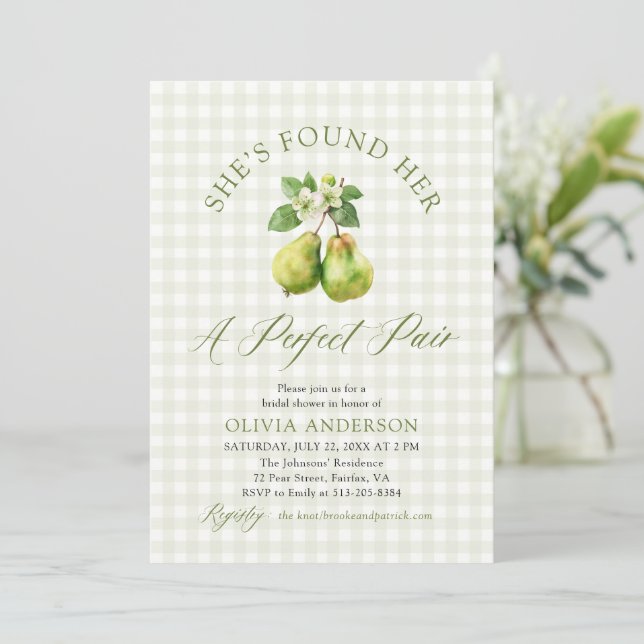 Modern Green Gingham Perfect Pair Bridal Shower Invitation (Standing Front)