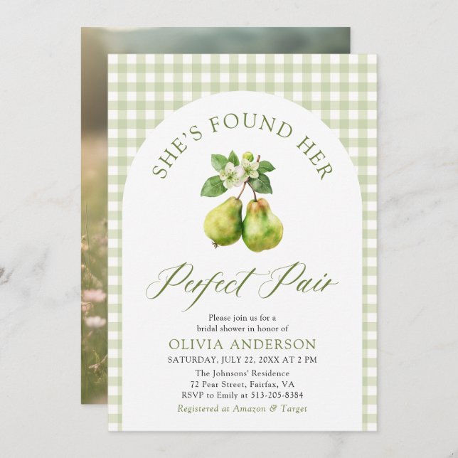 Modern Green Gingham Perfect Pair Bridal Shower Invitation (Front/Back)