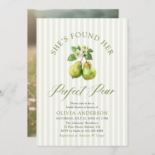 Modern Green Gingham Perfect Pear Bridal Shower Invitation (Front/Back)