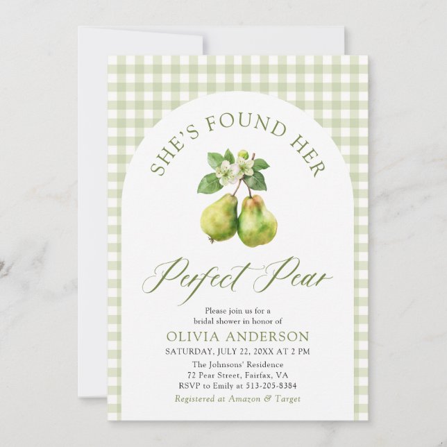 Modern Green Gingham Perfect Pear Bridal Shower Invitation (Front)