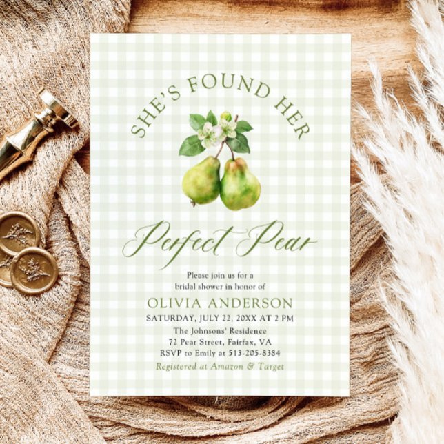 Modern Green Gingham Perfect Pear Bridal Shower Invitation (Modern Green Gingham Perfect Pear Bridal Shower Invitation)