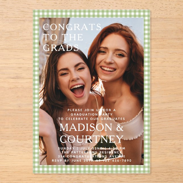 Modern Green Gingham Photo Graduation Party Acrylic Invitations (Front)