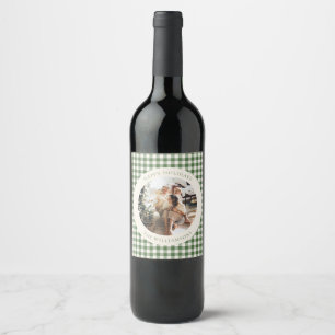 Modern Green Gingham Plaid Custom Photo Christmas Wine Label