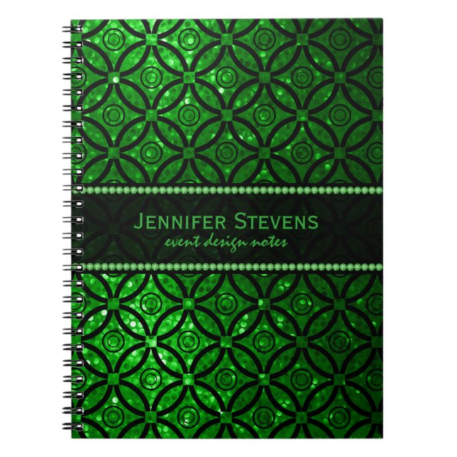 Modern Green Glitter & Black Geometric Pattern Notebook (Front)