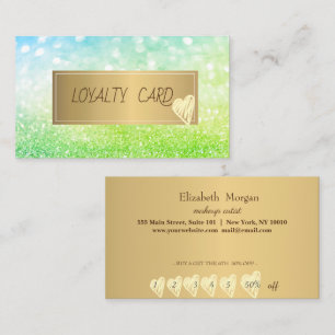 Modern Green Glitter Bokeh,Frame, Gold Hearts Loyalty Card