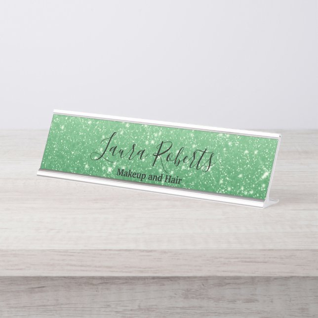 Modern Green Glitter Desk Name Plate (Front)