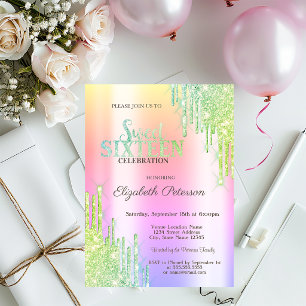 Modern Green Glitter Drips Ombre Sweet 16 Invitation