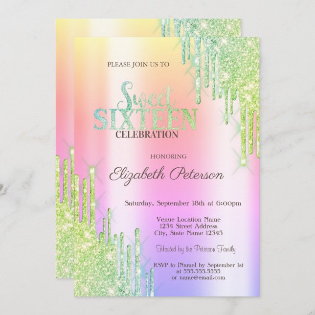 Modern Green Glitter Drips Ombre Sweet 16 Invitation (Front/Back)