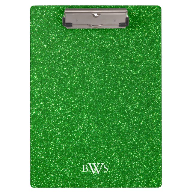 Modern Green Glitter Luxury Monogram Clipboard (Front)