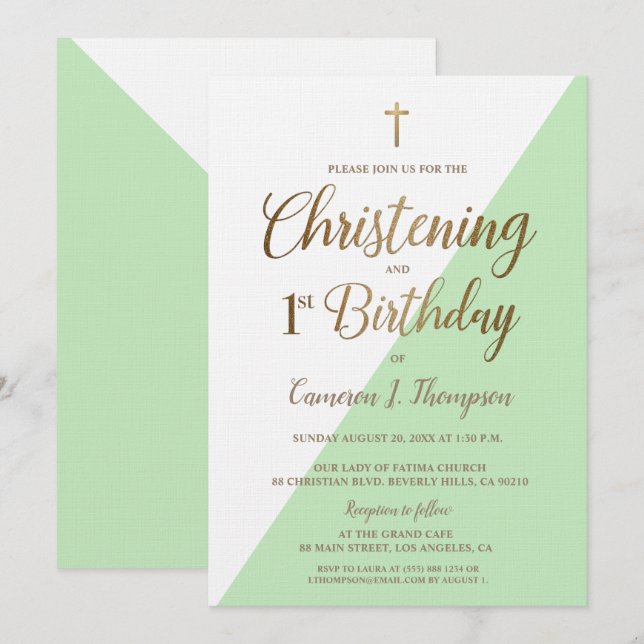 Modern Green Gold 1st Birthday Christening Invitation (Front/Back)