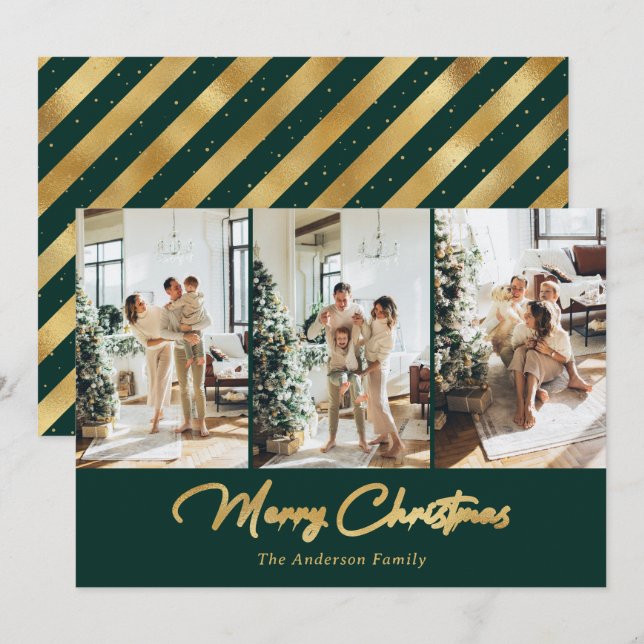 Modern Green Gold 3 Photo Merry Christmas Holiday Card (Front/Back)