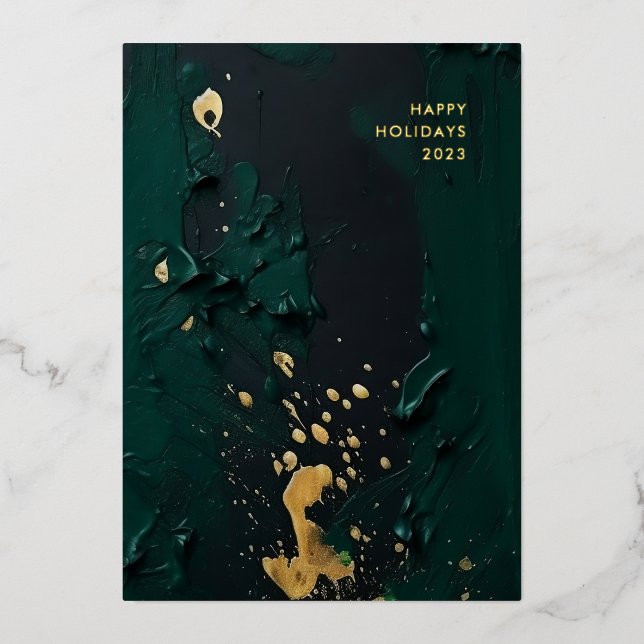 Modern Green Gold Abstract Painting Christmas Foil Holiday Card (Front)